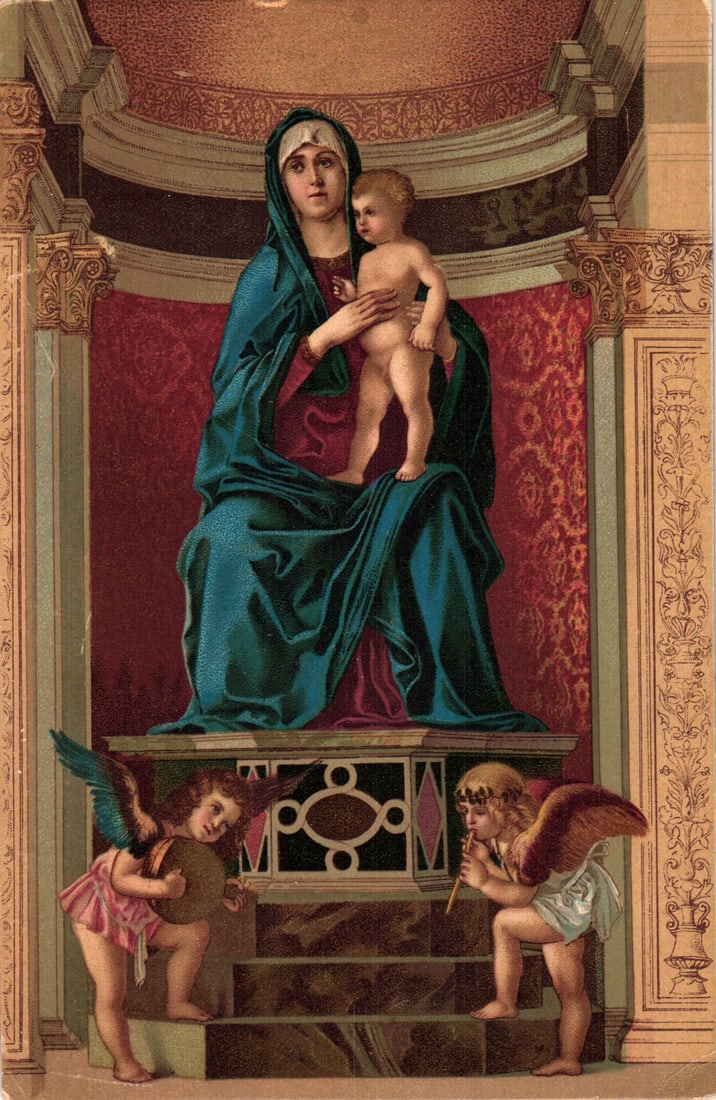 Postcard of religious art, Giovanni Bellini's masterpiece Madonna and Child with Angels from Venice.: Please view photos for further description and condition considerations. Please know the scans may be darker or lighter than the actual item's true appearance. ACME Auctions offers FREE DOMESTIC SHIPP