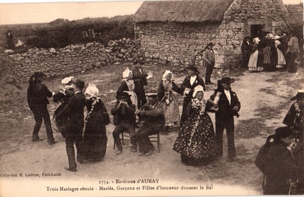 Postcard showing three weddings celebrated with dancing near Auray, Brittany, France circa 1910s.