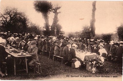Postcard showing a traditional Breton wedding feast (Noce Bretonne) near Vannes, France, c. 1910s