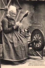 Postcard of a Breton woman spinning wool, part of the Breton Industries series from Quimper, France.