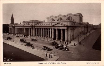 RPPC Real Photo Postcard of New York's Pennsylvania Railroad Station with early autos & trolley c.