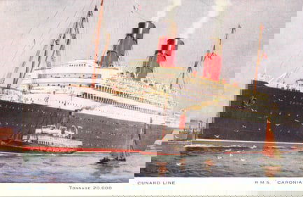 Postcard of the Cunard Line ocean liner R.M.S. Caronia, 20,000 tonnage steamship in port c.1910
