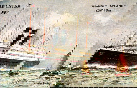 Postcard showing the Red Star Line Steamer "Lapland" ocean liner at sea with sailboats, 1923