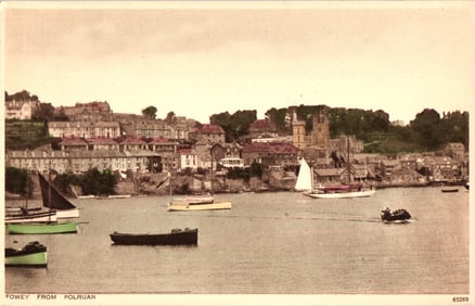 Postcard view of Fowey from Polruan, Cornwall, England with boats in the harbor and church tower.