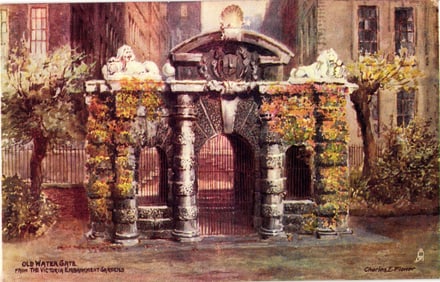 Raphael Tuck & Sons 'Aquarette' postcard of Old Water Gate from Victoria Embankment Gardens, London