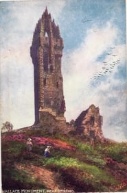 Tuck's Oilette Postcard of the Wallace Monument on a wooded hill near Stirling, Scotland c. 1910s.