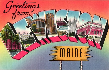 Linen postcard featuring Large Letter Greetings from Lewiston, Maine showing various city landmarks.