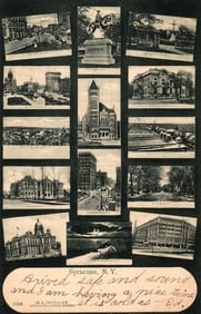 Postcard multi-view of Syracuse, NY landmarks City Hall & Erie Canal, H.L. Woehler pub. c. 1908