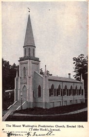 Postcard shows the Mount Washington Presbyterian Church, erected 1844, in Inwood (Tubby Hook), New