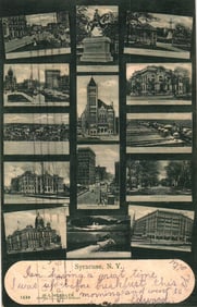 Postcard multi-view collage of Syracuse, New York landmarks including City Hall and Onondaga Lake