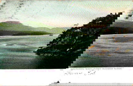 Postcard view of rounding West Point on the Hudson River, New York, showing a small lighthouse