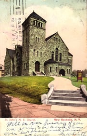 Polychrome postcard of the stone St. John's M.E. Church in New Rochelle, New York, postmarked 1906