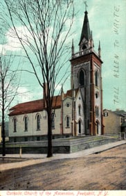 Early 1900s postcard of the Catholic Church of the Ascension, corner view in Peekskill, New York.