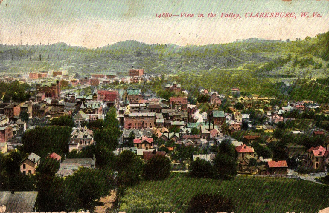 Postcard showing a wide overview of the city in the valley, Clarksburg, West Virginia circa 1907.: Please view photos for further description and condition considerations. Please know the scans may be darker or lighter than the actual item's true appearance. ACME Auctions offers FREE DOMESTIC SHIPP