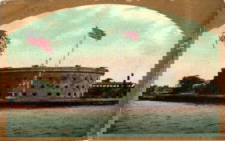 Early 1900s postcard featuring a waterside view of Castle William on Governors Island, New York