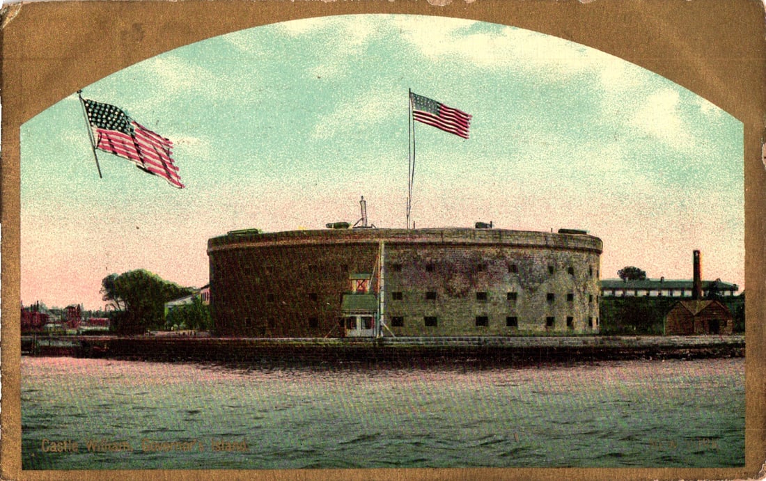 Early 1900s postcard featuring a waterside view of Castle William on Governors Island, New York: Please view photos for further description and condition considerations. Please know the scans may be darker or lighter than the actual item's true appearance. ACME Auctions offers FREE DOMESTIC SHIPP