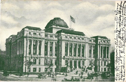 Postcard showing the Essex County Courthouse in Newark, New Jersey with early street scene c. 1907