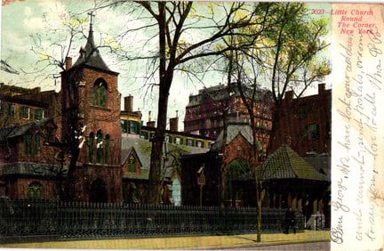 Postcard showing the exterior of the Little Church Round The Corner in New York City, New York,