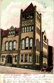 Postcard of the Police Headquarters building in Yonkers, New York, with an early automobile c. 1907