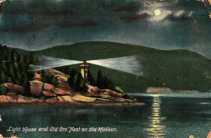 Postcard showing the Light House and Old Crow's Nest on the Hudson River, a night scene c. 1910s.