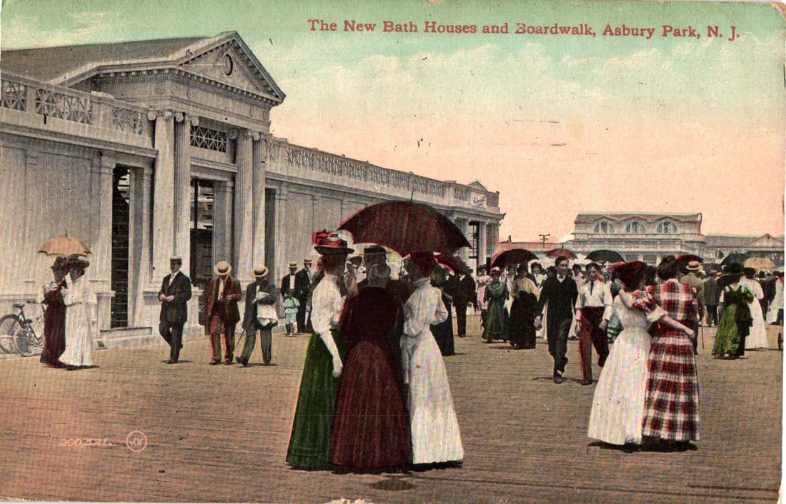 Postcard of the New Bath Houses and Boardwalk in Asbury Park, New Jersey with pedestrians, c. 1910s: Please view photos for further description and condition considerations. Please know the scans may be darker or lighter than the actual item's true appearance. ACME Auctions offers FREE DOMESTIC SHIPP