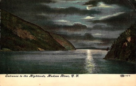 Postcard showing a moonlit night view of the Entrance to the Highlands on the Hudson River, New York