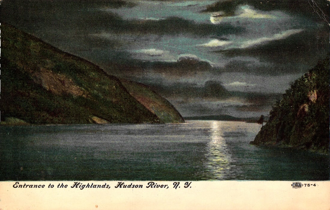 Postcard showing a moonlit night view of the Entrance to the Highlands on the Hudson River, New York (1 of 2)