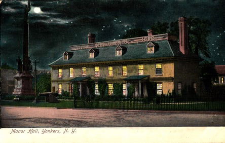 Postcard showing the historic Manor Hall at night with a full moon in Yonkers, New York c. 1910s