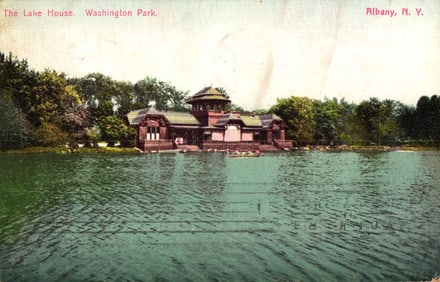 Color postcard view of The Lake House on the water in Washington Park, Albany, New York circa 1907.