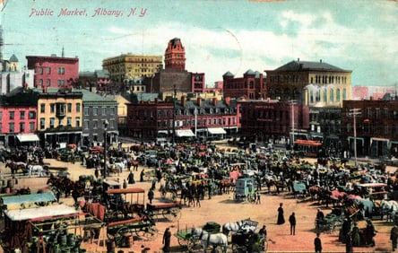 Postcard showing the bustling Public Market in Albany, New York with horses and wagons, circa 1907.