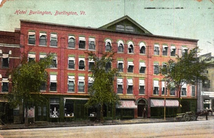Postcard showing the large brick facade of the Hotel Burlington in Burlington, Vermont circa 1907.
