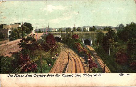 Postcard view of the Sea Beach Line Crossing 64th Street Tunnel in Bay Ridge, New York, c. 1910.