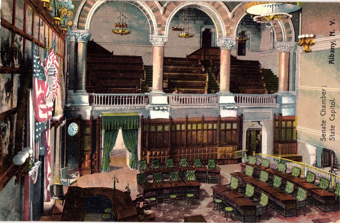 Postcard showing the opulent interior of the Senate Chamber in the State Capitol, Albany, New York.: Please view photos for further description and condition considerations. Please know the scans may be darker or lighter than the actual item's true appearance. ACME Auctions offers FREE DOMESTIC SHIPP