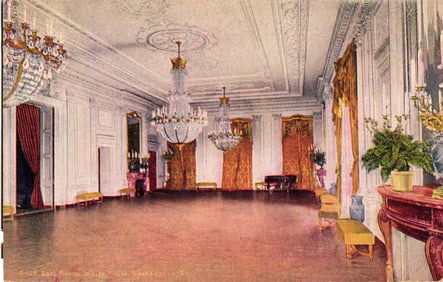 Postcard showing the East Room or State Parlor of the White House in Washington, D.C. circa 1910s.