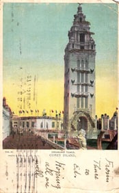 Postcard showing the magnificent Dreamland Tower decorated with flags at Coney Island, New York c.