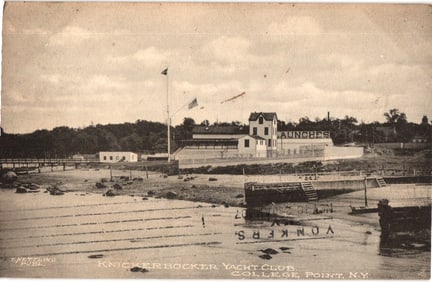 Postcard view of the Knickerbocker Yacht Club clubhouse and shoreline at College Point, New York c.