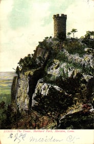 Postcard of Castle Craig, the stone tower at Hubbard Park in Meriden, Connecticut, c. 1908 era
