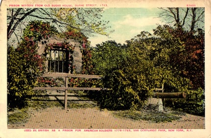 Postcard showing the Old Sugar House prison window used for American soldiers, Van Cortlandt Park,