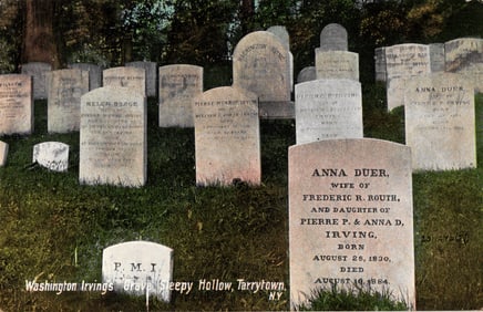 Postcard of Washington Irving's Grave and family plot in Sleepy Hollow Cemetery, Tarrytown, NY.