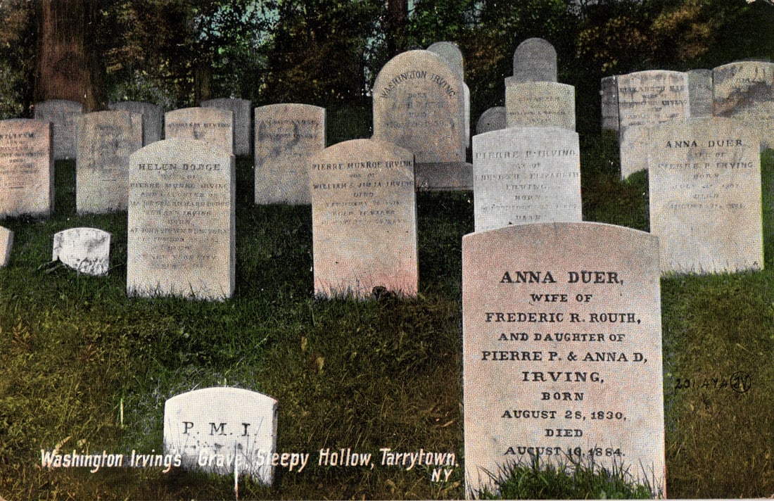 Postcard of Washington Irving's Relatives Graves in Sleepy Hollow Cemetery, Tarrytown, NY.: Please view photos for further description and condition considerations. Please know the scans may be darker or lighter than the actual item's true appearance. ACME Auctions offers FREE DOMESTIC SHIPP