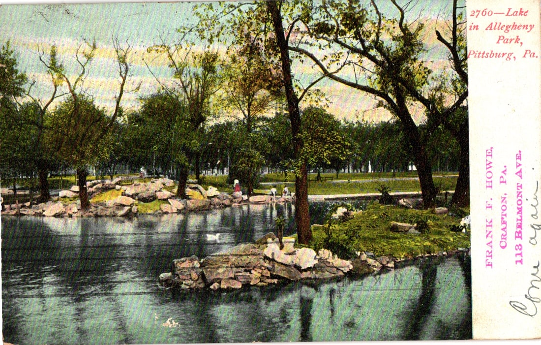Postcard of the Lake in Allegheny Park, Pittsburg, Pennsylvania with people along the shore c. 1907: Please view photos for further description and condition considerations. Please know the scans may be darker or lighter than the actual item's true appearance. ACME Auctions offers FREE DOMESTIC SHIPP