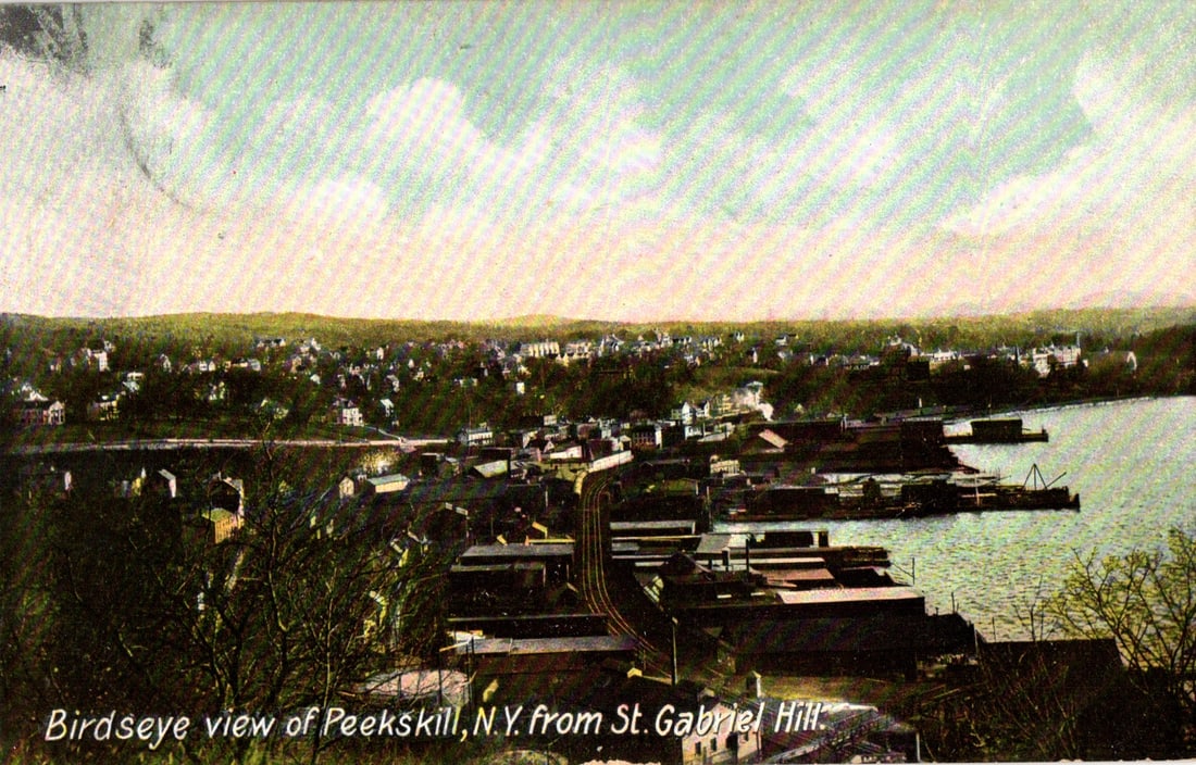 Postcard showing the birdseye view from St. Gabriel Hill over the Peekskill, New York waterfront: Please view photos for further description and condition considerations. Please know the scans may be darker or lighter than the actual item's true appearance. ACME Auctions offers FREE DOMESTIC SHIPP