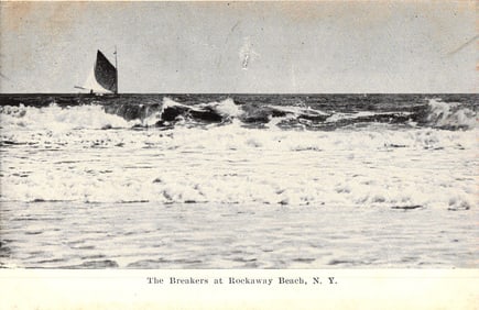 Postcard showing the ocean surf and breakers with a sailboat at Rockaway Beach, New York, c. 1910s