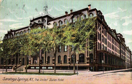Postcard showing the grand facade of The United States Hotel in Saratoga Springs, New York c. 1907