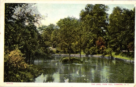 Early 20th century postcard of The Lake in Park Hill, Yonkers, New York with a swan on water.