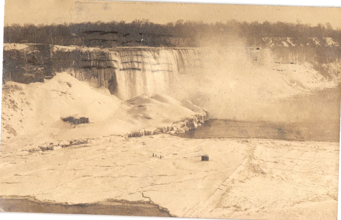RPPC Real Photo Postcard of the frozen American Falls at Niagara Falls, New York in winter c. 1912 (1 of 2)