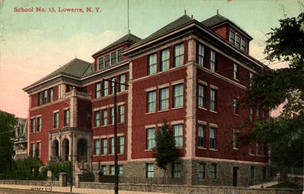 Postcard showing the large brick building of School No. 13 in Lowerre, Yonkers, New York c. 1911