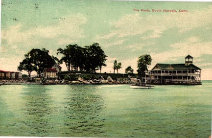 Postcard showing the waterfront view of The Knob building and shoreline in South Norwalk,
