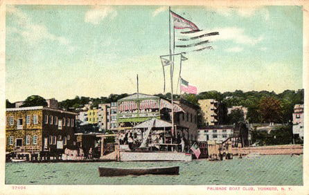 Postcard showing the Palisade Boat Club on the waterfront with boats docked, Yonkers, New York c.