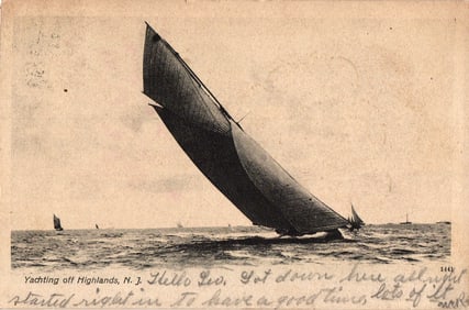 Postcard showing a dramatic sailboat heeling while yachting off the coast of Highlands, New Jersey.